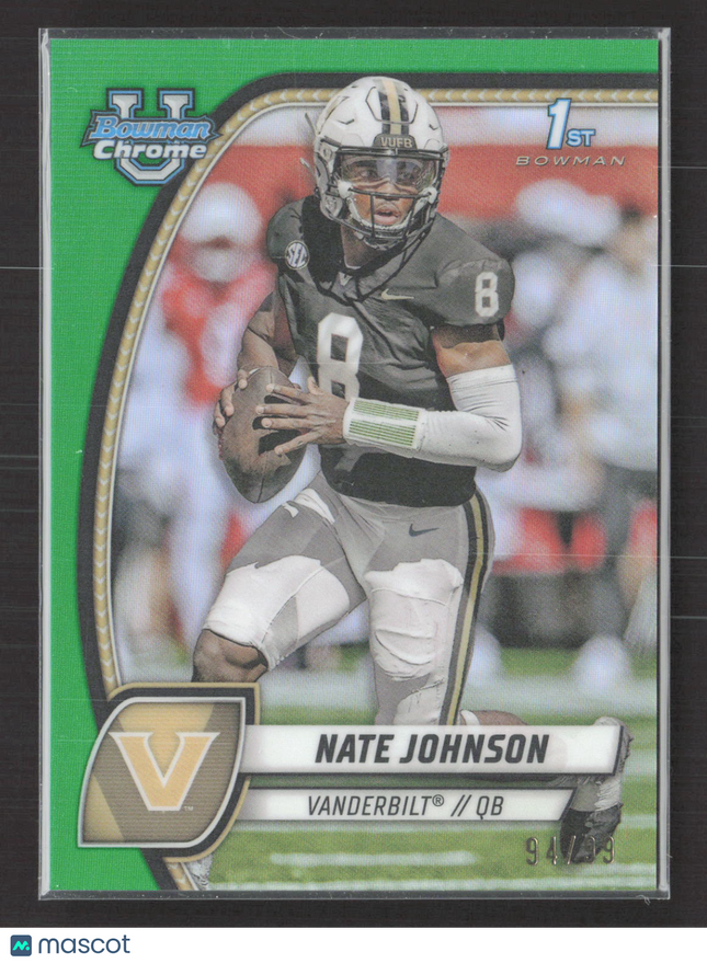 2024 Bowman Chrome University Nate Johnson #135 Green Refractor 1st Bowman /99