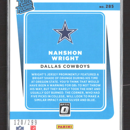 2021 Panini Donruss Optic Prizm Nahshon Wright #285 Blue 120/299