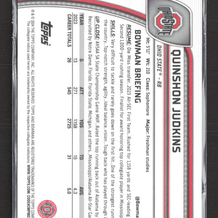 2024 Topps Bowman Chrome Quinshon Judkins #145 Aqua Refractor