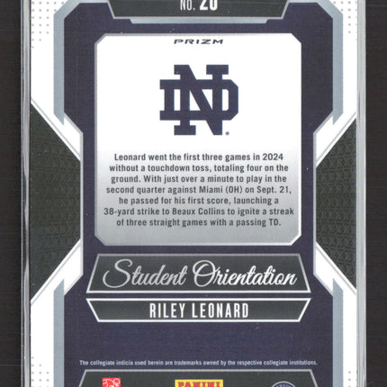 2025 Panini Prizm Draft Picks Student Orientation Riley Leonard #20 Gold Ice RC