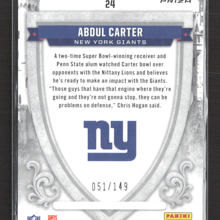 2025 Panini Rookies & Stars Crusade Prizm Abdul Carter #24 Silver RC 051/149