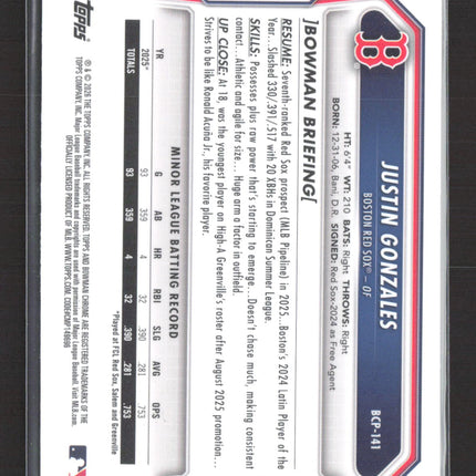 2026 Bowman Chrome Mega Box Justin Gonzales #BCP-141 Blue Mojo Refractor /499