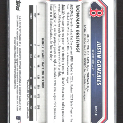 2026 Topps Bowman Chrome Justin Gonzales #BCP-141 Purple Reptillian 196/199