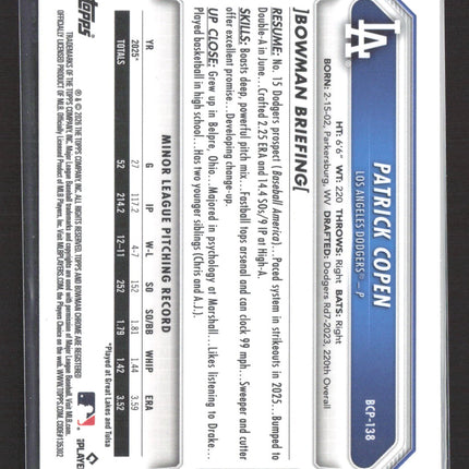 2026 Bowman Chrome Patrick Copen #BCP-138 Purple Refractor 062/199 1st Bowman