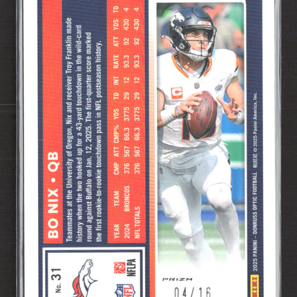 2025 Panini Donruss Optic Prizm Bo Nix #31 04/16 Football Emoji
