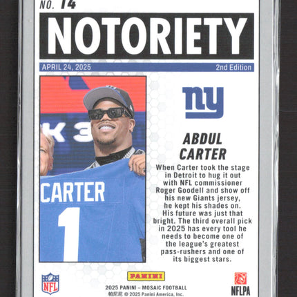 2025 Panini Mosaic Notoriety Abdul Carter #14 Silver Prizm RC