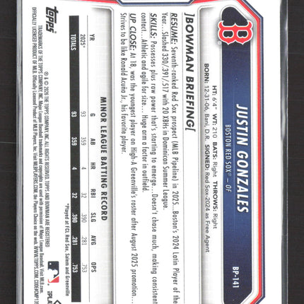 2026 Bowman Justin Gonzales #BP-141 Purple 1st Bowman 175/250