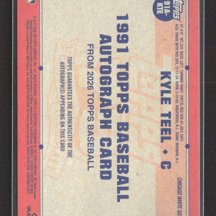 2026 Topps 1991 Topps Baseball Autograph Card Kyle Teel #91A-KTE RC Auto