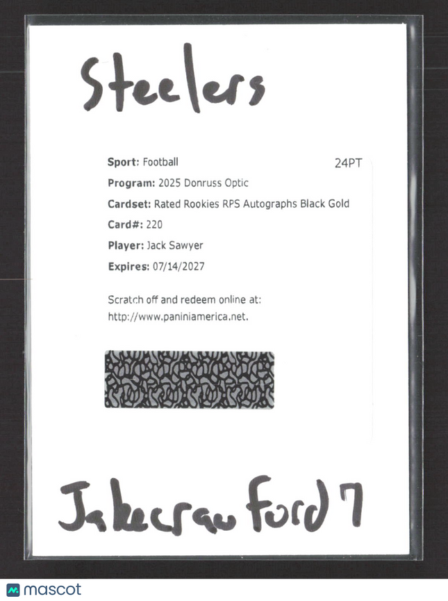 2025 Panini Donruss Optic Rated Rookies Auto Black Gold Jack Sawyer #220 Auto