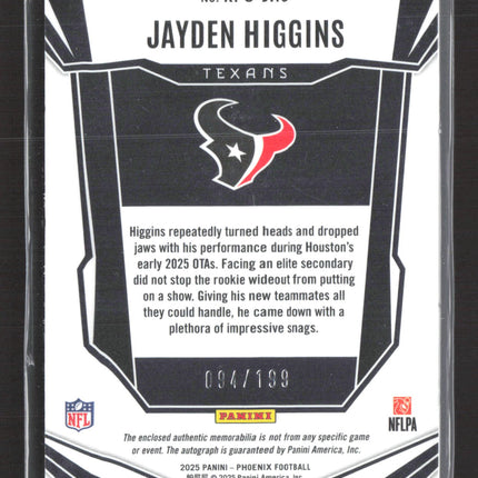 2025 Panini Phoenix Jayden Higgins #RPS-JHS Patch RC 094/199 Auto