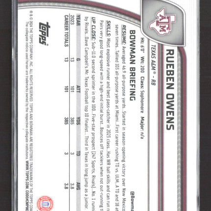 2024 Bowman Chrome University Rueben Owens #76 Gold Refractor /50