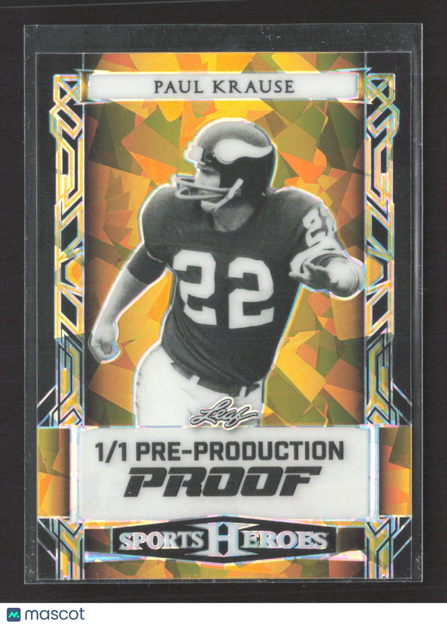 2022 Leaf Sports Heroes Paul Krause Orange Crystal 1/1 Pre-Production Proof