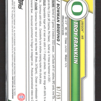 2023 Bowman Chrome University Troy Franklin #112 Green Shimmer 1st Bowman 87/99
