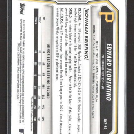 2026 Bowman Chrome Edward Florentino #BCP-82 Purple RayWave 049/250