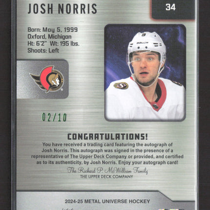 2025 Upper Deck SkyBox Metal Universe Hockey Josh Norris #34 Green Auto 02/10