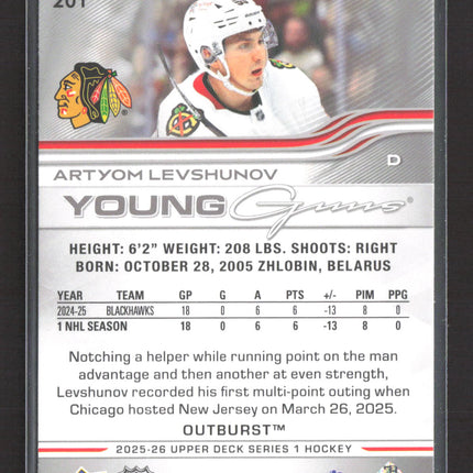 2025 Upper Deck Series 1 Hockey Young Guns Outburst Artyom Levshunov #201 Silver