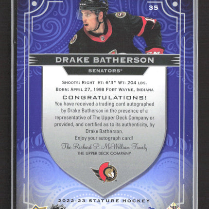 2022 Upper Deck Stature Drake Batherson #35 Purple 06/10 Auto