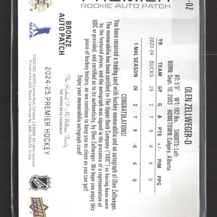 2023 Upper Deck Premier Olen Zellweger #HR-OZ Bronze Rookie Auto Patch 06/99