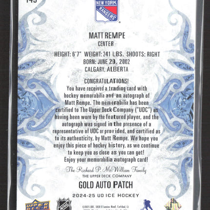 2025 Upper Deck Ice Matt Rempe #143 Gold Auto Jersey Patch 40/49