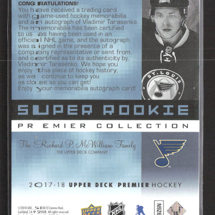 2017 UD Premier Super Rookie Vladimir Tarasenko #SRV-VL 24/49 Jersey Patch Auto
