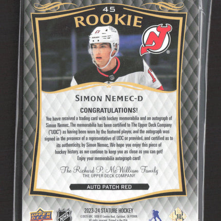 2025 Upper Deck Stature Simon Nemec #45 Auto Patch Red 01/25