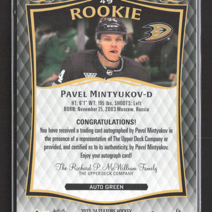 2025 Upper Deck Stature Pavel Mintyukov #49 Green 130/199 Auto