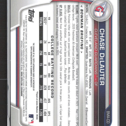 2023 Bowman Chrome Chase DeLauter #BMA-CD Blue Mojo Refractor /150 Auto