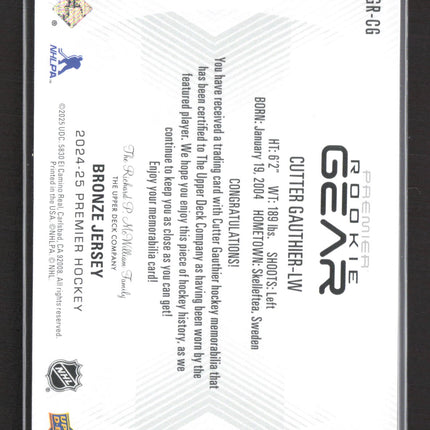 2025 UD Premier Rookie Gear Cutter Gauthier #PGR-CG Bronze Bronze Jersey /99
