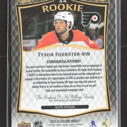 2025 Upper Deck Stature Tyson Foerster #44 Patch 39/49 Auto