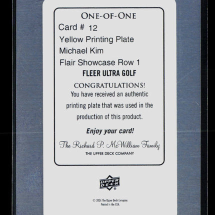 2026 Upper Deck Fleer Ultra Golf Showcase Michael Kim #12 Yellow Printing Plate