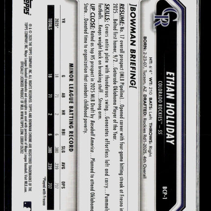 2026 Bowman Chrome Ethan Holliday #BCP-1 1st Bowman