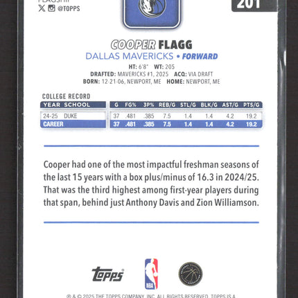 2025 Topps Flagship Cooper Flagg #201 RC