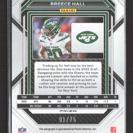 2023 Panini Chronicles Prizm Black Breece Hall #PB-17 RC Auto orange /75