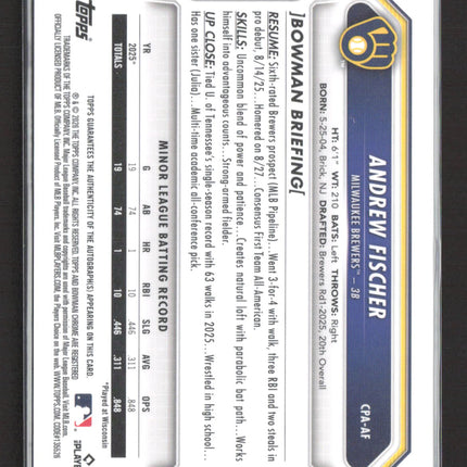 2025 Topps Bowman Chrome Andrew Fischer #CPA-AF 1st Bowman Auto