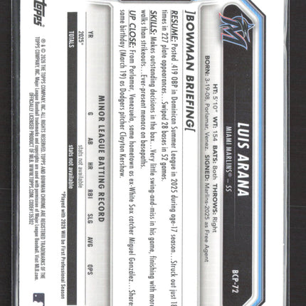 2025 Bowman Chrome Luis Arana #BCP-72 Mega Box Mojo Refractor