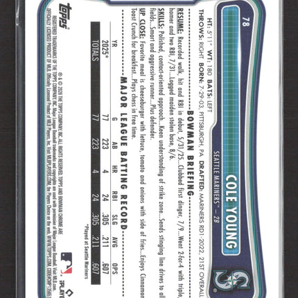 2026 Topps Bowman Chrome Cole Young #78 Orange Mojo Refractor RC /25