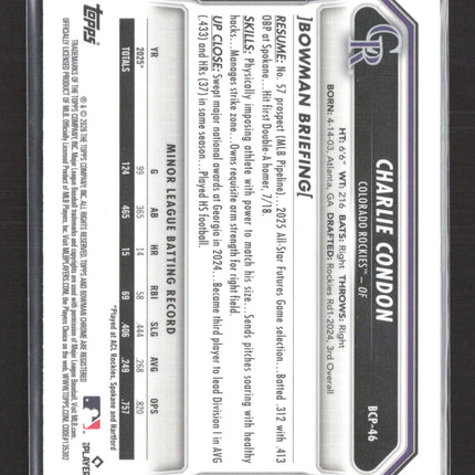 2026 Bowman Chrome Charlie Condon #BCP-46 Yellow /75