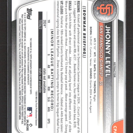 2025 Bowman Chrome Jhonny Level #CPA-JL Refractor 341/499 Auto