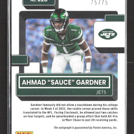2023 Panini Donruss Optic Prizm Ahmad Sauce Gardner #228 Red 75/75 Auto