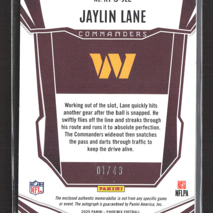 2025 Panini Phoenix Football Jaylin Lane #RPS-JLE Patch 01/49 RC Patch Auto