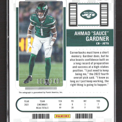 2023 Panini Contenders Optic Prizm Ahmad Sauce Gardner #101 Red RC Auto /149