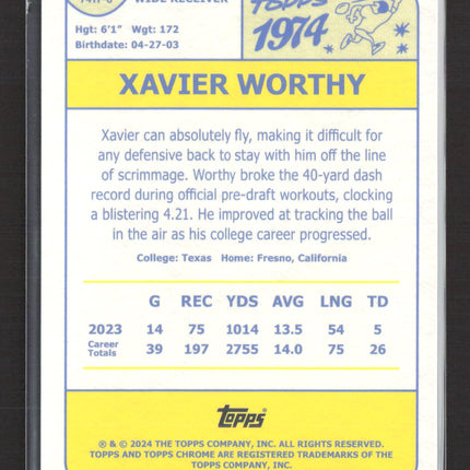 2024 Topps Chrome 1974 Topps Xavier Worthy #74TF-8 Orange Refractor RC 25/25