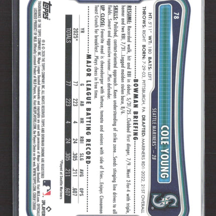 2026 Topps Bowman Chrome Cole Young #78 RC Red Logo