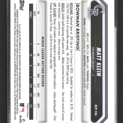 2026 Bowman Chrome Matt Klein #BCP-146 Reptilian 1st Bowman