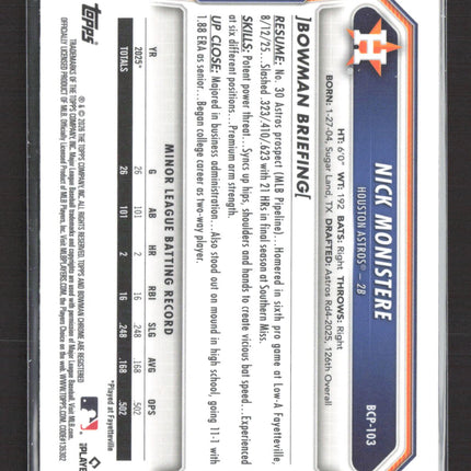 2026 Bowman Chrome Box Nick Monistere #BCP-103 Lazer 1st Bowman