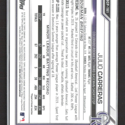 2021 Bowman Chrome Julio Carreras #BCP-161 Pink Refractor 1st Bowman