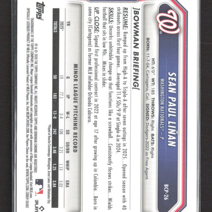 2026 Bowman Chrome Sean Paul Linan #BCP-26 Speckle Refractor