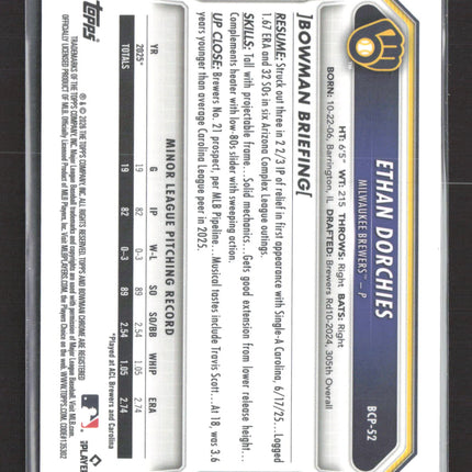 2026 Bowman Chrome Ethan Dorchies #BCP-52 Green Mojo Refractor 1st Bowman 54/99