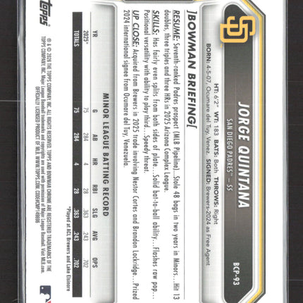 2026 Bowman Chrome Jorge Quintana #BCP-93 Mega Box Mojo Refractor 1st Bowman