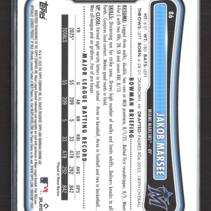 2026 Topps Bowman Chrome Jakob Marsee #86 Mega Box Mojo Refractor RC